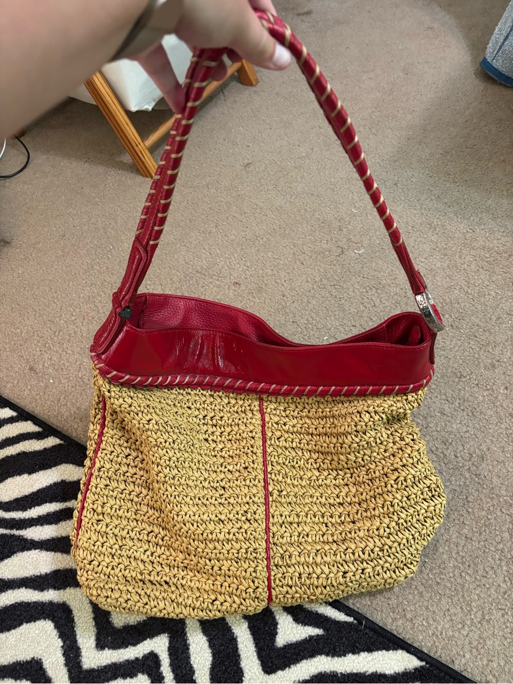 Vintage Brighton Woven Straw Hobo Bag with Red Leather Trim & Braided Strap